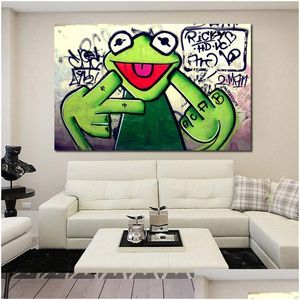 Schilderijen Canvas Schilderij Straat Graffiti Art Kikker Kermit Vinger Poster Print Dierlijke Olie Muur Foto 'S Voor Woonkamer Unframed Drop Dhzs7