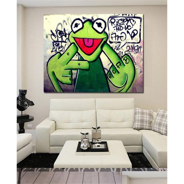 Pinturas Lienzo Pintura Calle Iti Arte Rana Kermit Dedo Póster Impresión Animal Óleo Imágenes de la pared para la sala de estar Unframed5060105 Dr Dhr4T