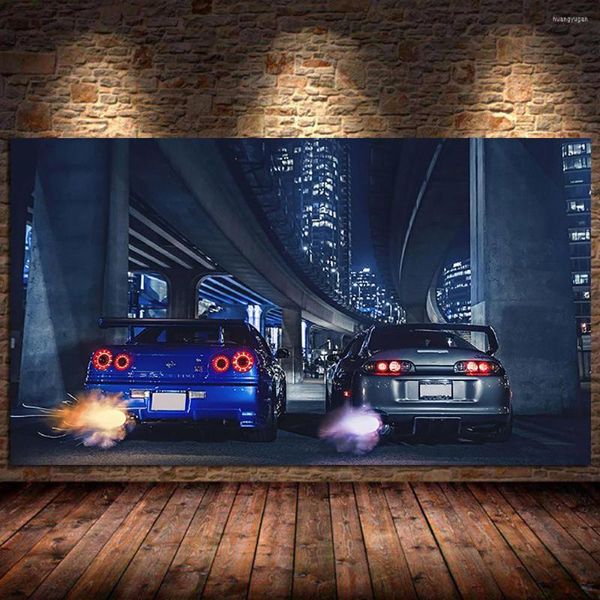 Pinturas Arte de la pared del automóvil Imagen GTR R34 vs Supra Vehículo Moderno Canvas Pinting Poster y estampado para la sala de estar Decoración del hogar del dormitorio