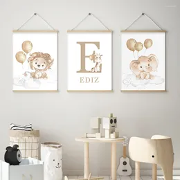 Pinturas Dibujos animados Nombre del bebé personalizado León Elefante Beige Póster Lienzo Pintura Nursery Wall Art Print Imagen Niños Habitación Decoración del hogar