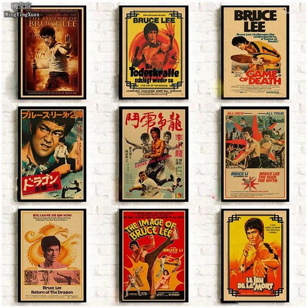 Peintures chinoises Kung Fu Star Bruce Lee, affiche rétro en papier Kraft, autocollants muraux, colonne de décoration de café, cadeau de salle de peinture