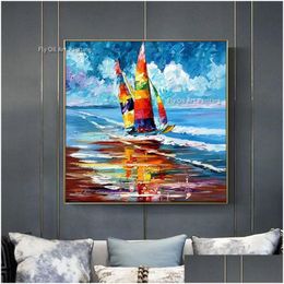 Schilderijen Colorf nautisch jacht zeilschip op de zee olieverfschilderij canvas kunst aan de muur handgemaakt landschap voor woonkamer slaapkamer thuis december Dhbpj
