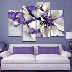 Peintures conisi imprimer 4 panneaux violet blanc iris sur toile affiche nordique floral art peinture de peinture pour la maison pour chambre décorati287a