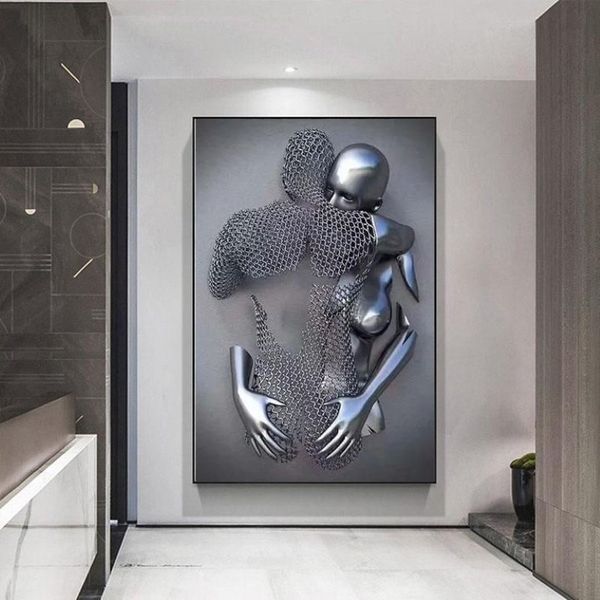 Pinturas Parejas Figura de metal Estatua Lienzo Pintura Nordic Love Kiss Póster e impresiones Sexy Body Wall Art Imágenes para vivir Ro229D