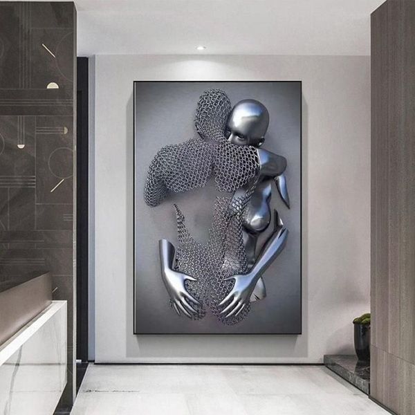 Pinturas Parejas Figura de metal Estatua Lienzo Pintura Nordic Love Kiss Póster e impresiones Sexy Body Wall Art Imágenes para vivir Ro260w