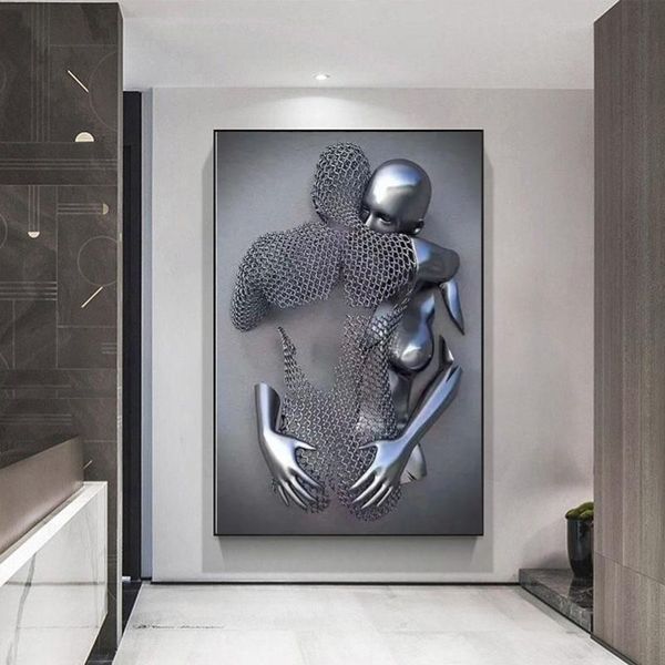 Pinturas Parejas Figura de metal Estatua Lienzo Pintura Nordic Love Kiss Póster e impresiones Sexy Body Wall Art Imágenes para vivir Ro299Q