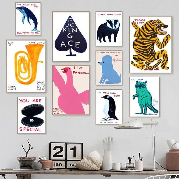 Peintures David Shrigley Tigre Baleine Coquille Chat Mur Art Nordique Affiche Imprime Toile Peinture Photos pour Salon Décor 230825