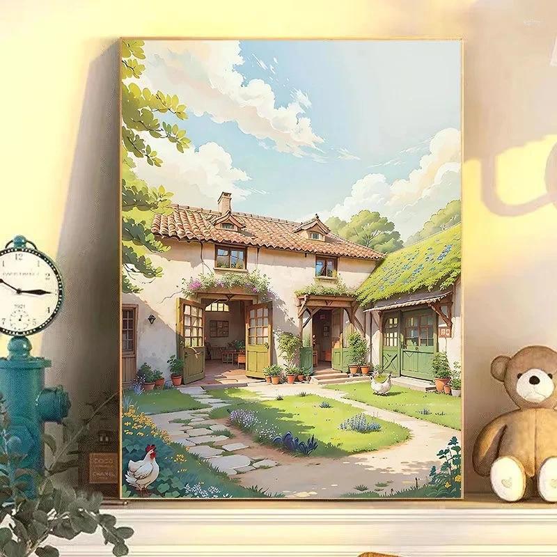 Digital Village Retro house oil painting with Color Capture for Living Room and Bedroom Decor