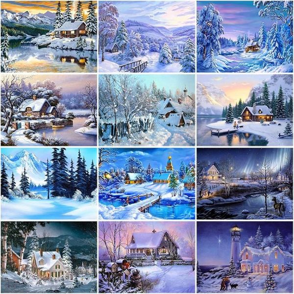 Pinturas DIY 5D Pintura de diamante Casa Bordado Invierno Paisaje de nieve Cuadrado completo Mosaico redondo Resina Paisaje Punto de cruz Kits305j