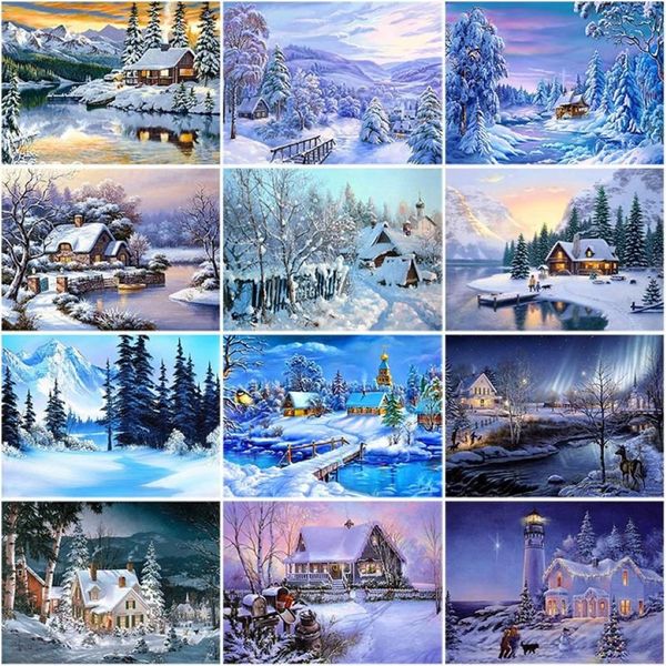 Peintures DIY 5D Diamant Peinture Maison Broderie Hiver Neige Paysage Plein Carré Rond Mosaïque Résine Paysage Point De Croix Kits273s