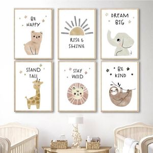 Peintures Éléphant Ours Girafe Paresseux Lion Soleil Boho Mur Art Toile Peinture Nordique Affiches Et Impressions Photos Enfants Chambre De Bébé Deco270x