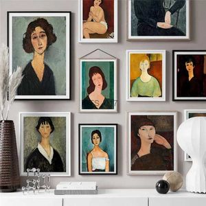 Pinturas Obras famosas Arte de la pared Lienzo Amedeo Modigliani Figura Pintura Vintage Mujeres Retrato Póster Cuadros Decoración