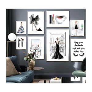 Schilderijen mode meisje hoge hakken lippenstift wimper wall art canvas schilderen van Noordse posters en print foto's voor woonkamer decor dhg9f