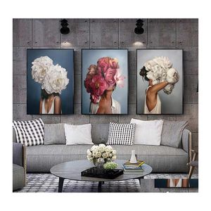 Peintures Fleurs Plumes Femme Abstraite Toile Peinture Mur Art Imprimer Affiche Image Décorative Salon Décoration De La Maison Drop Dhdxl