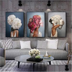 Peintures Fleurs Plumes Femme Abstraite Toile Peinture Mur Art Imprimer Affiche Image Décorative Salon Décoration De La Maison Drop Dhcrn