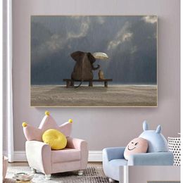 Peintures drôle animal affiche mur art toile peinture mignon éléphant image hd impression pour chambre d'enfants et décoration de chambre sans cadre5 dh0ne