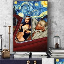 Schilderijen Grappige Kunst Van Gogh En Mona Lisa Rijden Canvas Posters Abstract Roken Olie Op Muur Foto Home Decor Drop Delivery Gar Dhxik