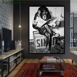 Peintures Funny Monkey Business Toile Peinture Lecture Spaper Affiche et impression Noir Blanc Art Picture Salle de bain Décor271C