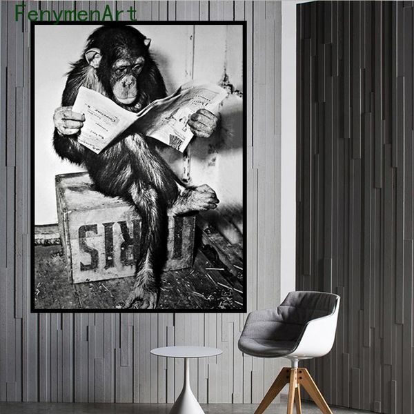 Peintures Funny Monkey Business Toile Peinture Lecture Spaper Affiche et impression Noir Blanc Art Picture Salle de bain Décor226U