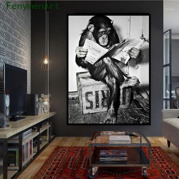 Peintures Funny Monkey Business Toile Peinture Lecture Spaper Affiche et impression Noir Blanc Art Picture Salle de bain Décor241x