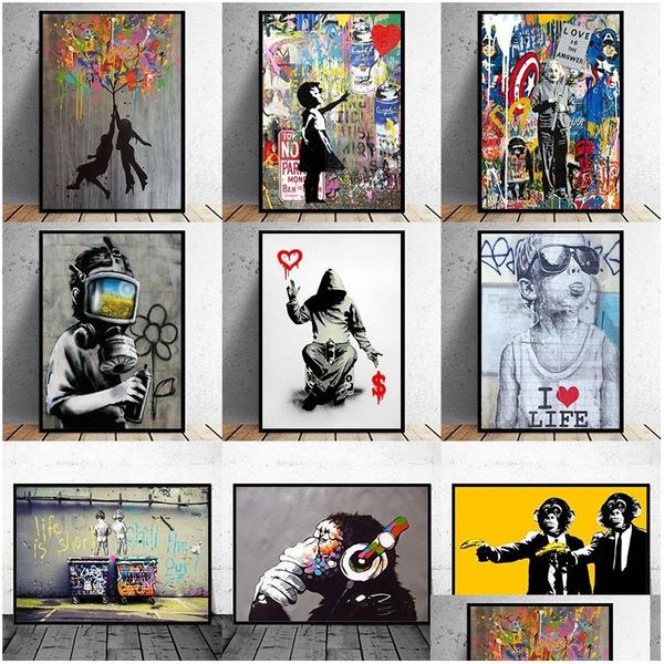 Peintures Drôle Street Art Banksy Graffiti Mur Arts Toile Peinture Affiche Et Imprimer Cuadros Photos Pour La Décoration Intérieure No Frame Drop Dhas5