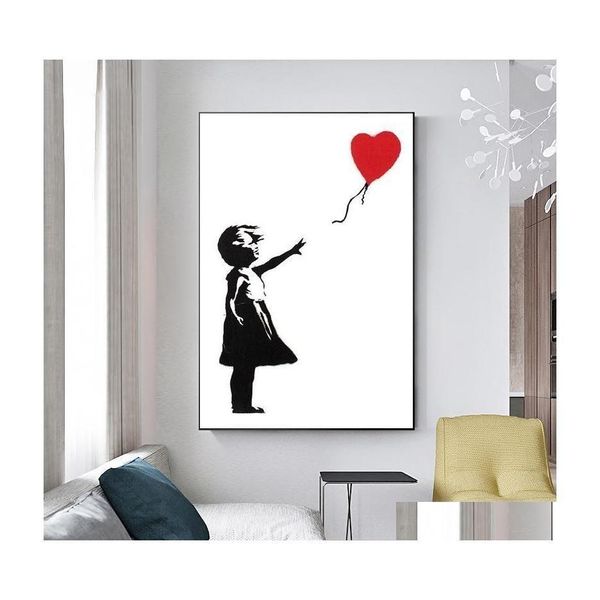 Pinturas Chica con globo rojo Banksy Iti Art Canvas Pintura Póster de pared en blanco y negro para sala de estar Decoración para el hogar Cuadros D Drop Dhi3O