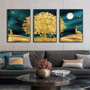 Schilderijen Gouden Kunst Herten Geld Boom Muur Foto Islamitische Geen Frame Abstract Maan Canvas Afdrukken Poster Still Life226G