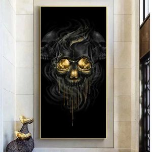 Pinturas Estatua de calavera de metal dorado, pintura abstracta sobre lienzo, carteles e impresiones, imágenes artísticas de pared para sala de estar, decoración del hogar