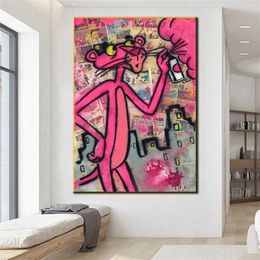 Pinturas Graffiti Pink Panther Lienzo Pintura Pósteres coloridos e impresiones Street Wall Art Imágenes para sala de estar Dormitorio Home300J