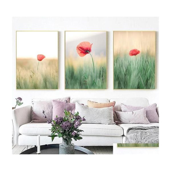 Peintures Prairie Floraison Fleurs Rouges Paysage Mur Art Toile Peinture Nordique Affiches Imprime Des Photos Pour Vivre Maison Decoratio Dhibe