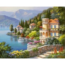 Schilderijen handgeschilderde decoratieve kunst schilderij Sung Kim Lakeside Villa moderne mediterrane landschap prachtige kustarchitectuur canvas