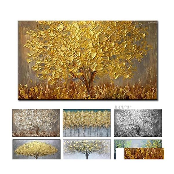 Pinturas hechas a mano, lienzo moderno grande, pintura al óleo, cuchillo, árbol dorado para el hogar, sala de estar, decoración de pared, imagen 1, envío directo, Dhovk