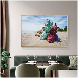 Peintures Cuisine Toile Trois Ananas Peinture Cuadros Affiches et impressions scandinaves Décoration murale Art Fruits Image Living R Dhwsi