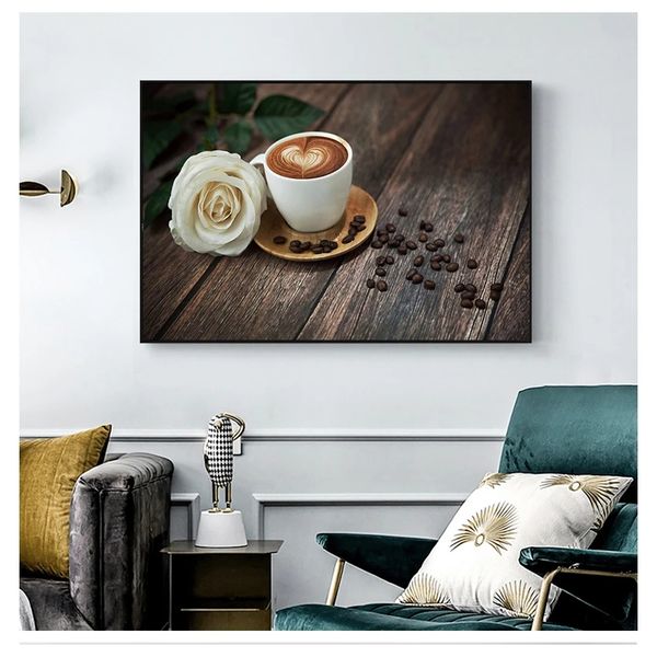 Peintures décor de cuisine, images encadrées, décor de maison moderne, peintures sur toile HD, œuvres d'art, 1 pièce, café et fleurs, mur Woo