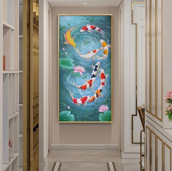 Pinturas Koi Fish Feng Shui Carp Lotus Pond Imágenes Pintura al óleo sobre lienzo Pósteres e impresiones Cuadros Arte de la pared para la sala de estar 9621636