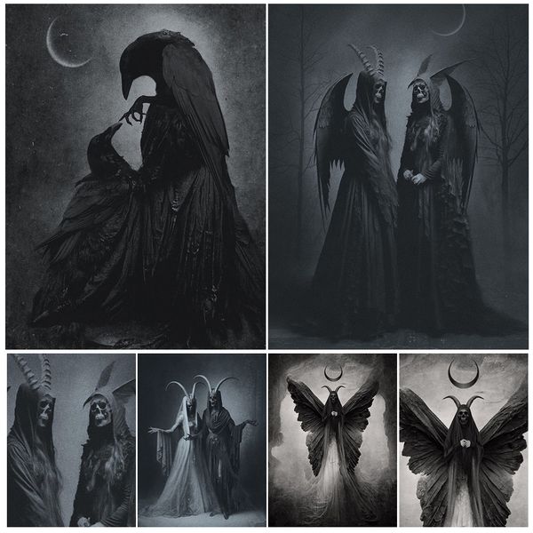 Pinturas Lady Crow Hell Demon Baphomet Vintage Wall Art Lienzo Pintura Abstracto Negro Magia y Wiccan Art Poster Impresión Decoración del hogar 230823