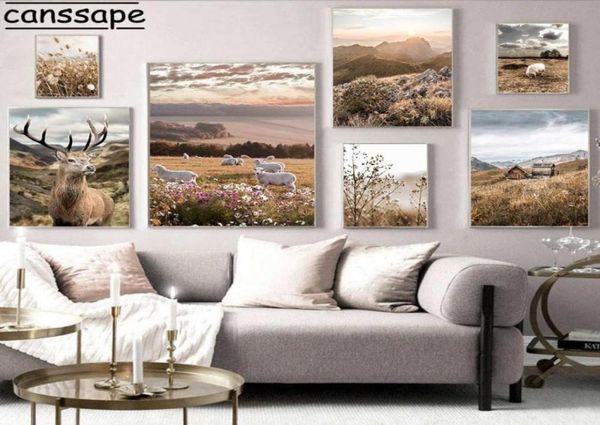 Peintures Paysage Affiche Cerf Mouton Mur Art Imprimer Herbe Morte Toile Peinture Montagnes Affiches Nordique Photos Salon Déco 7782420
