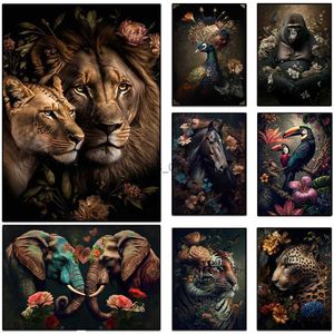 Peintures Lion Rose Flamant Paon Hibou Oiseau Affiches Impressions Salon Maison Plante Tropicale Fleur Animaux Toile Peinture Mur Art Décor