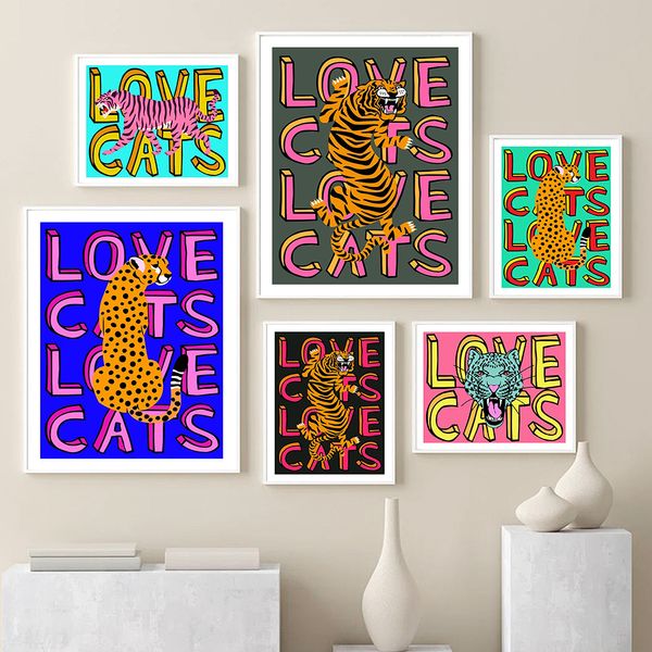 Peintures Amour Chats Tigre Léopard Portrait Bleu Art Imprimer Bande Dessinée Enfants Chambre Mur Affiche Citation Coloré Cool Toile Peinture Décor À La Maison 230721