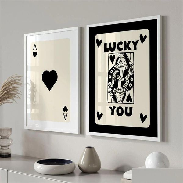 Peintures Lucky Ace Affiche Abstrait Noir Beige Toile Peinture Spades A Art Print Moderne Nordique Jeu De Cartes Mur Photo Salon De Dhyo1