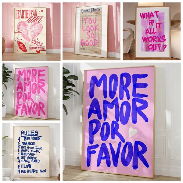 Peintures Maximalist More Amor Por Favor Coloré Éclectique Rose Love Citation Mur Art Toile Peinture Affiche Pour Salon Décor À La Maison 230828