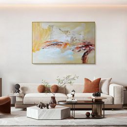 Pinturas Moderno abstracto blanco amarillo rojo pintado a mano sobre lienzo pintura al óleo arte de la pared imagen decoración del hogar para la sala de estar papel