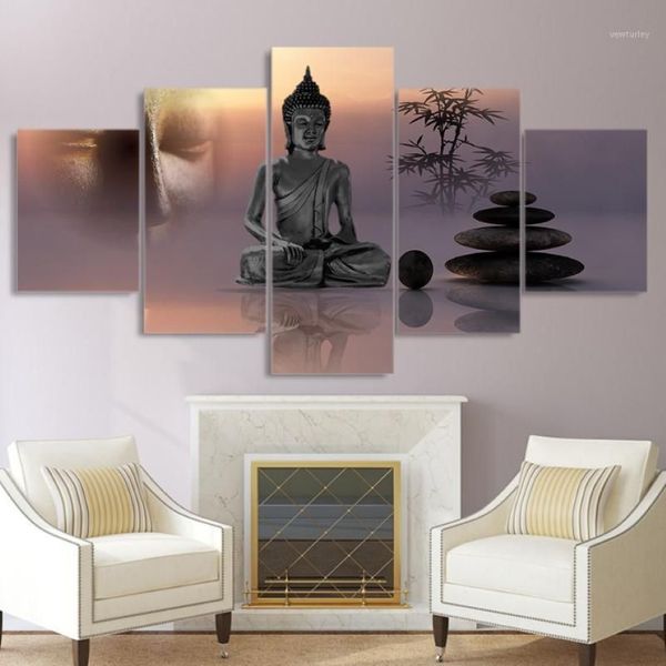 Peintures Moderne HD Imprimé Photos Toile Peinture 5 Panneau Zen Bouddha Statue Mur Art Décoration Cadre Affiche pour Livin248o