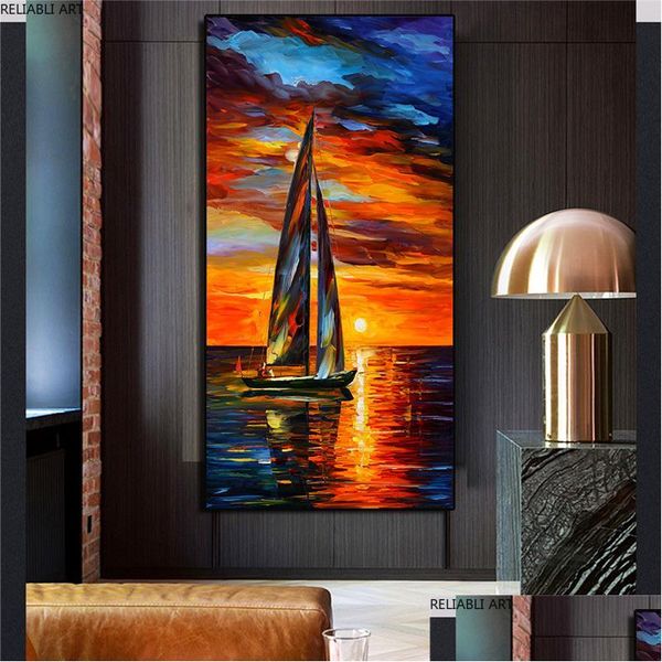 Peintures Moderne Paysage Décorations Murales Toile Peinture Pour Salon Bateau Occean Coucher De Soleil Rouge Ciel Huile Nordique Décor À La Maison Drop De Dhngo