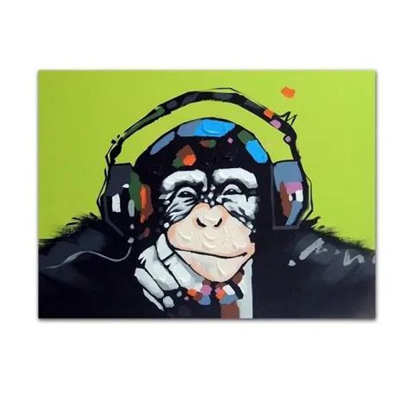 Peintures Monkey Chimp Écouteurs Musique Peinte à la main Moderne Dessin animé Animal Pop Art Peinture à l'huile sur toile Musée Qualité Multi taille J066