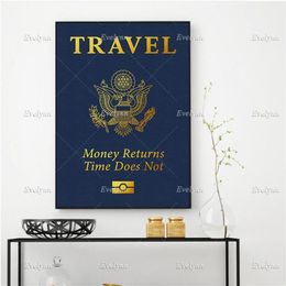 Peintures Motivation Inspirational Toile Affiche - Passeport Voyage Argent Retours Temps Ne Mur Art Bureau Maison De264B