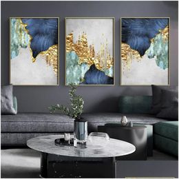 Pinturas Nórdico Azul Dorado Líneas de lámina de oro Lienzo Pósteres Impresión Moderna Abstracta Arte de la pared Pintura Decoración Imagen Sala de estar Hogar D Dhstm