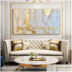 Schilderijen Nordic Wall Art Gouden Olieverfschilderij Abstract Goud Blauwe Textuur Grote Salon Interieur Home Decor Drop Delivery Gar Dhb2S