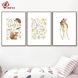 Schilderijen Kwekerij Woodland Wall Art Eekhoorn Herten Canvas Schilderij Bloem Posters En Prints Kleine Bos Dieren Foto's Voor Liv250F