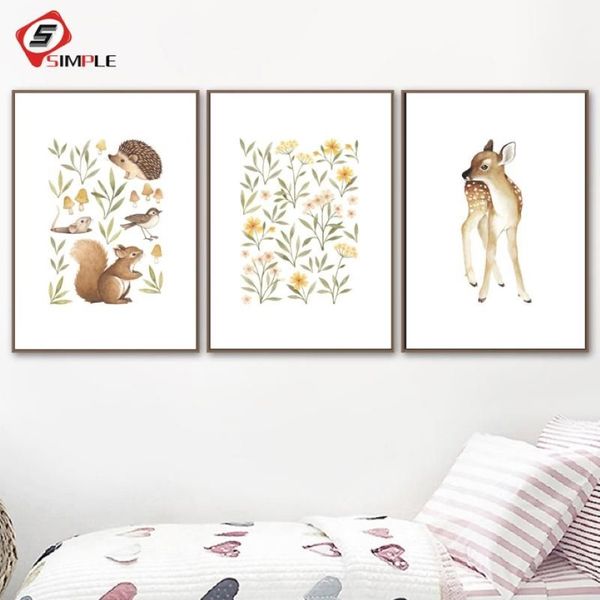 Peintures Pépinière Woodland Wall Art Squirrel Deer Toile Peinture Fleur Affiches et impressions Little Forest Animaux Photos pour Liv299r